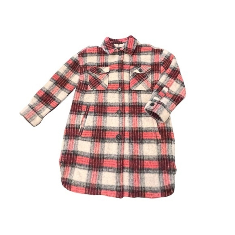 Lucky Brand Button Down Women Shacket Flannel Repeat Body Ivory Red Plaid Cozy L